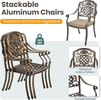 Pamapic 7-Piece Outdoor Dining Set,Cast Aluminum Patio Furniture with Vintage Table & 6 Stackable Chairs, Outdoor Furniture Set for Garden, Poolside (with 6 Cushion,Bronze)