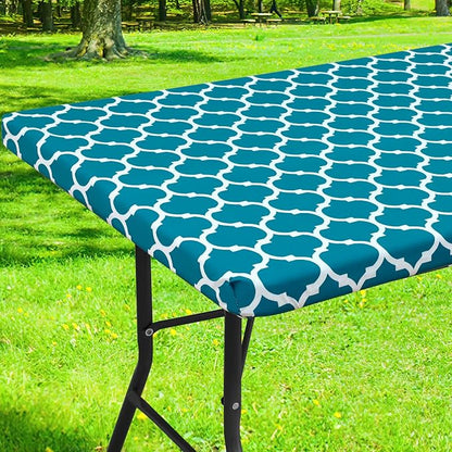 Smiry Picnic Fitted Table Cover, 6 Foot Flannel Backed Vinyl Tablecloth | Waterproof Elastic Stretch Table Cloth, Wipeable Plastic Tablecloth for Camping, Indoor & Outdoor (Turquoise, 30" x 72")