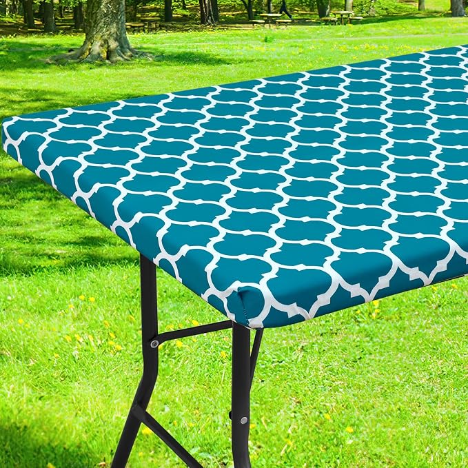 Smiry Picnic Fitted Table Cover, 5 Foot Flannel Backed Vinyl Tablecloth | Waterproof Elastic Stretch Table Cloth, Wipeable Plastic Tablecloth for Camping, Indoor & Outdoor (Turquoise, 36" x 60")