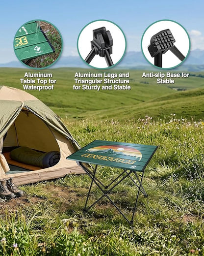VILLEY Portable Camping Side Table, Ultralight Aluminum Folding Table with Mountain Silhouette Print and Carry Bag for Camping, Picnic, Beach, Travel