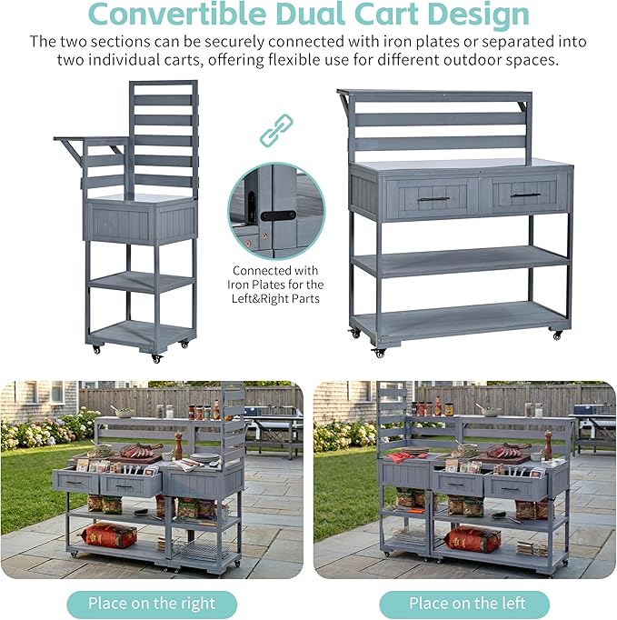 RUNNA 4-Piece Outdoor Rolling Kitchen Island with Sink w/Faucet, Solid Wood Grill Table with Storage Cabinets, Drawers, Stainless Table Top and Movable Shelves for Garden (Gray#38)