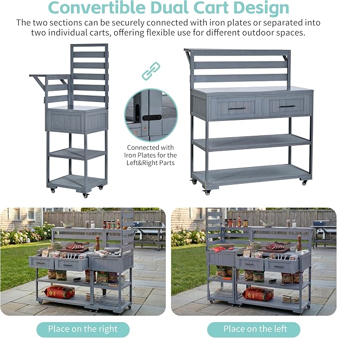 Outdoor Kitchen Cart with Stainless Steel Top, 62.3 Inch | Fir wood frame, stainless surface, raised shelf, fixed shelf, 2 lockable wheels, split-use design, BBQ prep, patio garden use