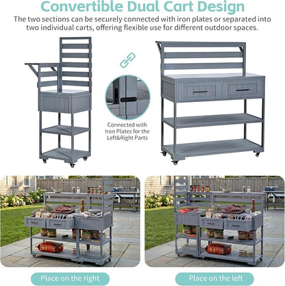62 Inch Patio Kitchen Island with Stainless Steel Top, Gray | Gray fir wood, stainless steel top, garden or patio, raised shelf, 2 drawers, lockable wheels, modular design, 62.3 in L