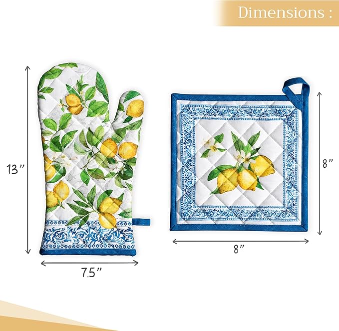 Maison d' Hermine 100% Cotton Oven Mitt & Pot Holder Set (7.5"x13" & 8"x8") Heat Resistant BBQ Cooking Gloves with Loop Baking Grilling Kitchen Hotel Home Farmhouse Spring Summer (Cedrat)
