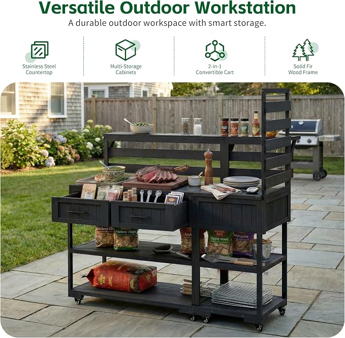 62 Inch Patio Kitchen Island with Stainless Steel Top, Black | Black fir wood, stainless steel top, garden or patio, raised shelf, 2 drawers, lockable wheels, modular design, 62.3 in L