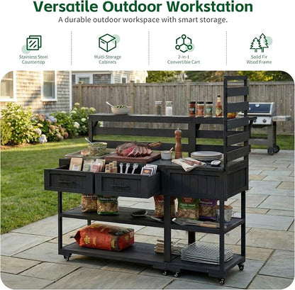 Outdoor Kitchen Cart with Stainless Steel Top, 62.3 Inch | Fir wood frame, stainless surface, raised shelf, fixed shelf, 2 lockable wheels, split-use design, BBQ prep, patio garden use