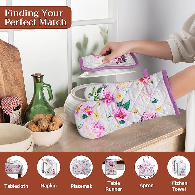 Maison d' Hermine Pot Holders 100% Cotton Heat Resistant Potholders 8" x 8" Hot Pads with Loop BBQ Cooking Baking Hotel Farmhouse Kitchen Handling Hot Pans Spring Summer (Pack of 2, Pivoine)
