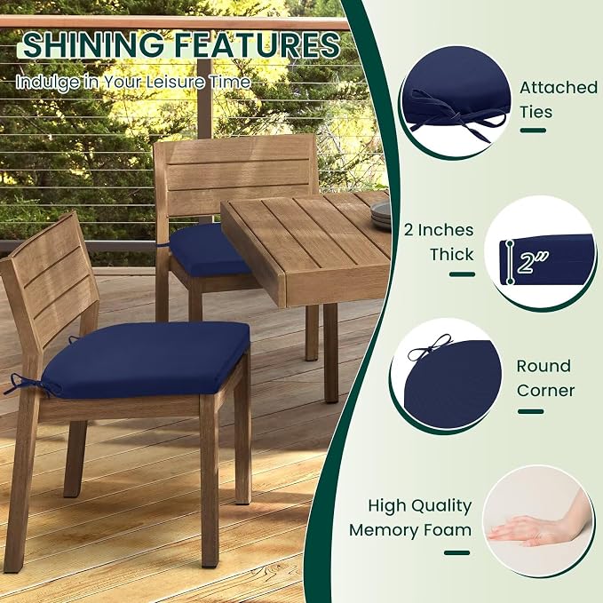 HARBOREST Outdoor Chair Cushions Set of 6, Water Resistant Patio Chair Cushions with Ties, Outdoor Seat Cushions for Patio Furniture, 17"x16"x2", Navy
