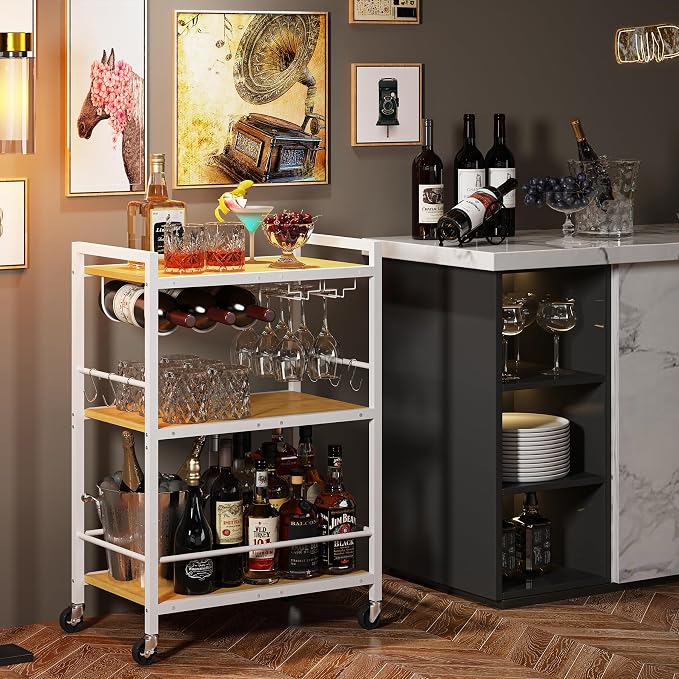 TUTOTAK Bar Cart with Wheels, Drink Cart with Wine Rack and Glass Holder | 3-Tier 23.7 Inch Wide Home Bar Serving Carts, Small Mobile Kitchen Shelf with 6 Hooks BC01BOW030