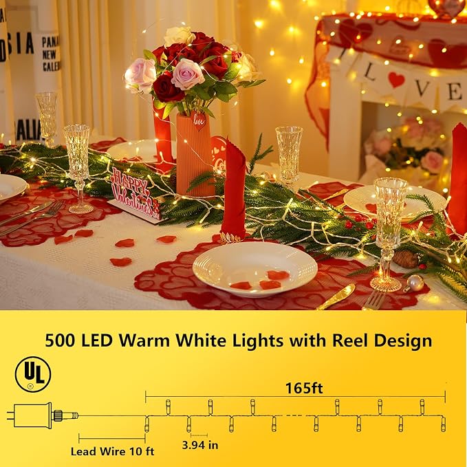 YEGUO 165ft 500 LED String Lights Outdoor Waterproof, Clear Wire Christmas Lights Indoor Plug in, 8 Modes Fairy Light for Bedroom Classroom Christams Party Wedding Tree Decor(Warm White)