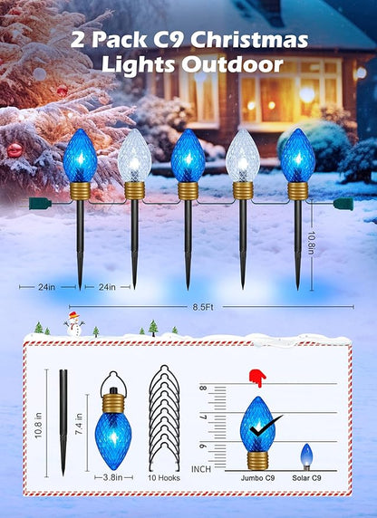 Brightown Strawberry Jumbo C9 Christmas Pathway Lights Outdoor -2 Pack Total 17 Feet 10 LED Jumbo C9 Walkway Lights, Christmas Light Outdoor Decorations for Lawn Outside Holiday, Blue & Pure White