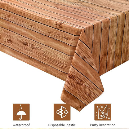 2 Pcs Wood Tablecloth Wood Grain Plastic Table Cover 87 x 51 Inches Brown Vintage Party Table Covers for Kitchen Dining Room, Barbecue Party Decorations