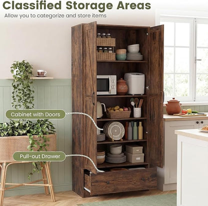 GIANTEX 72" Tall Kitchen Pantry Cabinet, Farmhouse Cupboard, Rustic Brown | Wooden Buffet Cabinet w/ 2 Doors, Drawer & Adjustable Shelf, Freestanding Versatile Storage Cabinet for Living Room Bathroom