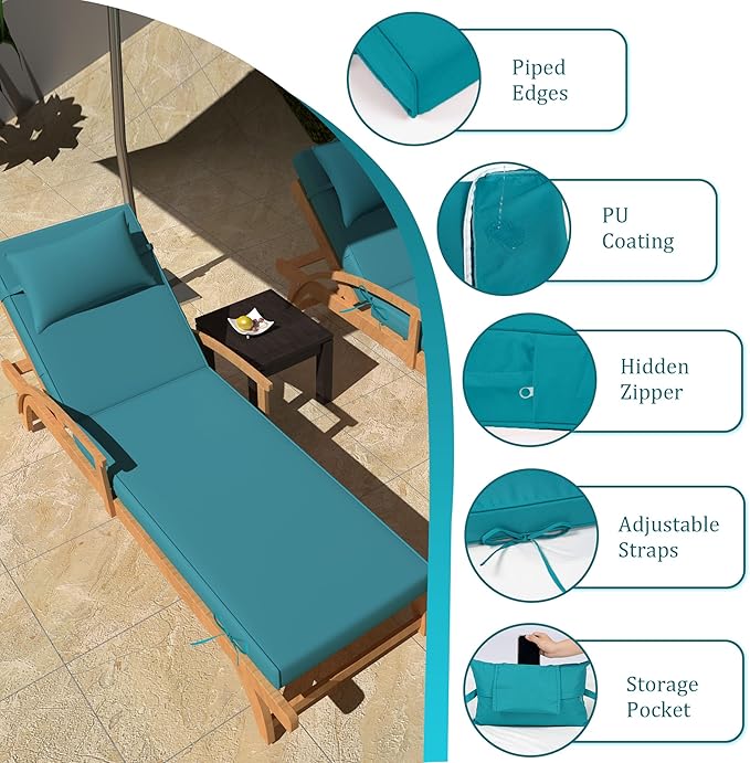Chaise Lounge Cushions Outdoor Set of 2 Lounge Chair Cushion 80" L x 26" W with Headrest Straps 3'' Thick Waterproof Patio Chaise Cushions Pool Lounger Chair Cushion(Turquoise)