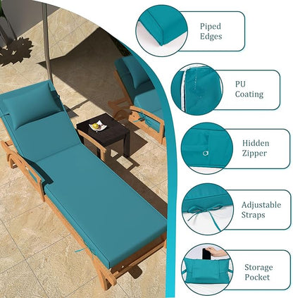 Chaise Lounge Cushions Outdoor Set of 2 Lounge Chair Cushion 80" L x 26" W with Headrest Straps 3'' Thick Waterproof Patio Chaise Cushions Pool Lounger Chair Cushion(Turquoise)