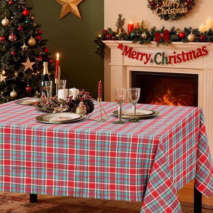 B-COOL Buffalo Checkered Table Cloth Fabric: Polyester Plaid Tablecloth Rectangle 57 x 120 Inch Red-Blue-Green Checkered Table Covers for Picnic Birthday Party