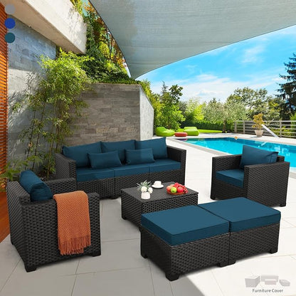 Rattaner Patio Furniture Set 6 Pieces Couch Outdoor Chairs Coffee Table Peacock Blue Anti-Slip Cushions and Waterproof Covers