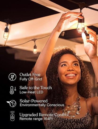 Brightech Ambience Pro Super Bright Solar - 27Ft Remote Control Outdoor String Lights, Shatterproof S14 Edison Bulbs, Commercial Grade LED, Waterproof Patio Lights for Deck, 4W Soft White, 12 Bulbs
