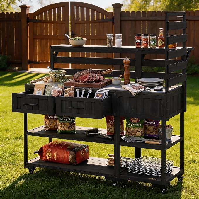 62 Inch Patio Kitchen Island with Stainless Steel Top, Black | Black fir wood, stainless steel top, garden or patio, raised shelf, 2 drawers, lockable wheels, modular design, 62.3 in L