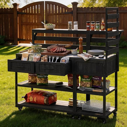 62 Inch Patio Kitchen Island with Stainless Steel Top, Black | Black fir wood, stainless steel top, garden or patio, raised shelf, 2 drawers, lockable wheels, modular design, 62.3 in L