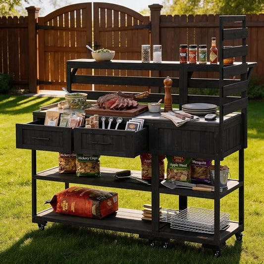 62 Inch Patio Kitchen Island with Stainless Steel Top, Black | Black fir wood, stainless steel top, garden or patio, raised shelf, 2 drawers, lockable wheels, modular design, 62.3 in L