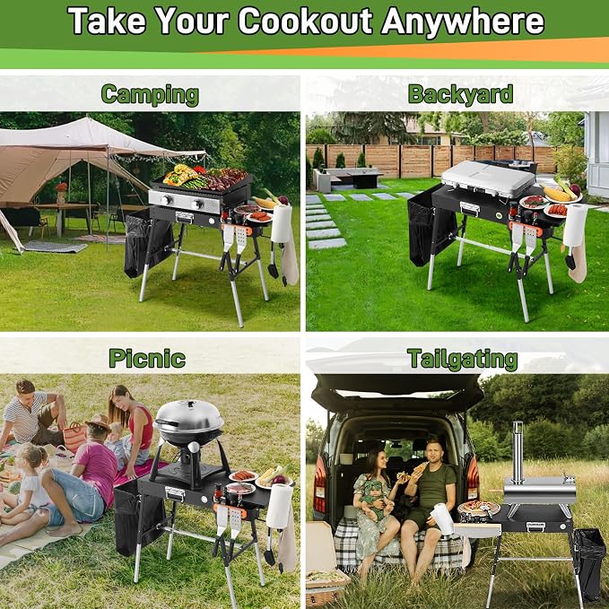 Grill Table& Griddle Cover, Blackstone Griddle Stand for 17" 22" | Folding Portable Ninja Grill Stand with Trash Holder, Blackstone Table for Outdoor Tailgate, Camping
