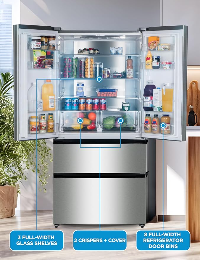 Commercial Cool 18.9 Cu. Ft. French Door Refrigerator, 33 Inch Wide Refrigerator with 2 Bottom Mount Freezer Drawers, Frost Free, LED Lighting, Digital Temperature Control, CCRF1890KS, Stainless Look | 33 Inch Wide Refrigerator with 2 Bottom Mount Free...