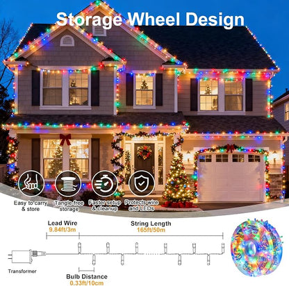 Multicolor Christmas Fairy String Lights, 165FT 500L Indoor Outdoor | 8 Modes with Memory, IP65 Waterproof, Clear Wire, Tangle-Free Design for Classroom Bedroom Camping window Party wedding Decor