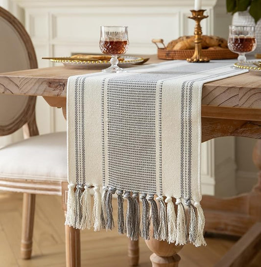 Caflife Boho Table Runner Grey Stripe for Modern Farmhouse Coffee Table Decor, Rustic Woven Runner with Handcrafted Tassels for Home Dining Table décor 13 x 108 Inch Long