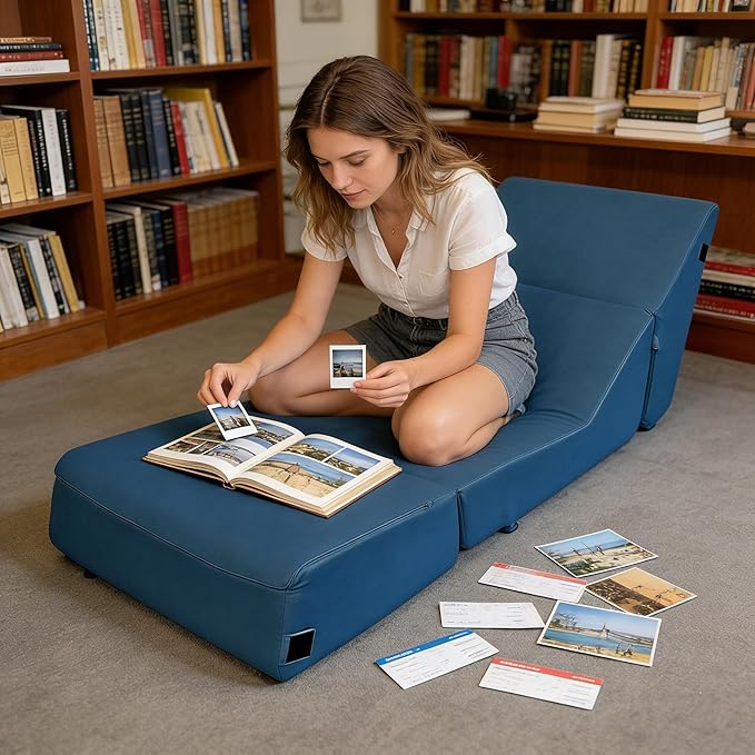 jela Luxury Indoor Chaise Lounge, Foldable Sofa Bed Chair with Machine Washable Cover, Soft Foam Lounge Chair for Living Room (Miss Navy)