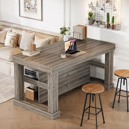 Tribesigns 55" Kitchen Island with Seating and Storage, 3-Tier, Farmhouse | Wood Stationary Island Table with Large Worktop & Legroom, Heavy Duty, Coffee Bar Table with Storage Shelf for Kitchen, Grey