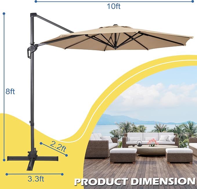 Sunnyglade 10Ft Cantilever Patio Umbrella, 360° Rotation & Integrated Tilting System Offset Umbrella with 8 Sturdy Ribs, Fade-resistant & Waterproof for Garden Backyard Poolside Deck