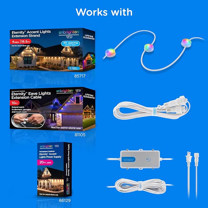 Enbrighten Accent Permanent Outdoor Lights, 100ft, 24 Lights, Smart | White Cord, RGBWIC LEDs, Weatherproof, Cuttable, Link to 200ft, Christmas, App Control, Works with Alexa & Google Home