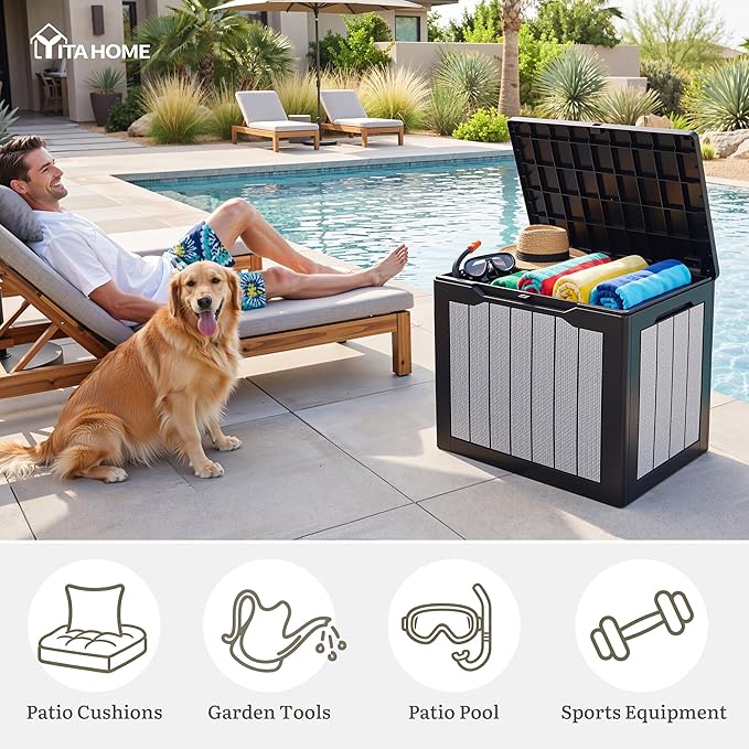 YITAHOME 30 Gallon Deck Box, Waterproof Resin Outdoor Storage Box, Doubles as Bench Seating for Patio Furniture Cushions,Garden Tools & Pool Accessories, Black & Gray
