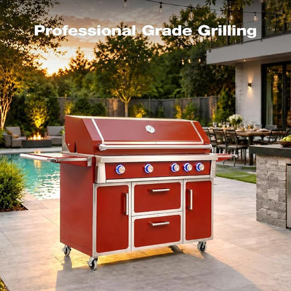 49" Red Stainless Steel Grill, 4 Burners & Infrared Burner, Natural Gas | 304 stainless steel 99,000 BTU Dual-lined hood Easy ignition Warming rack Storage drawers Gliding wheels