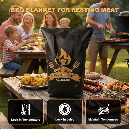 Allinside BBQ Blanket for Resting Meat - Extra Large Insulated Meat Resting Bag with 2 Meat Shredder Claws, 2 Silicone Heat-Resistant Gloves, Greeting Card & Lanyard | Reusable Grilling Accessory