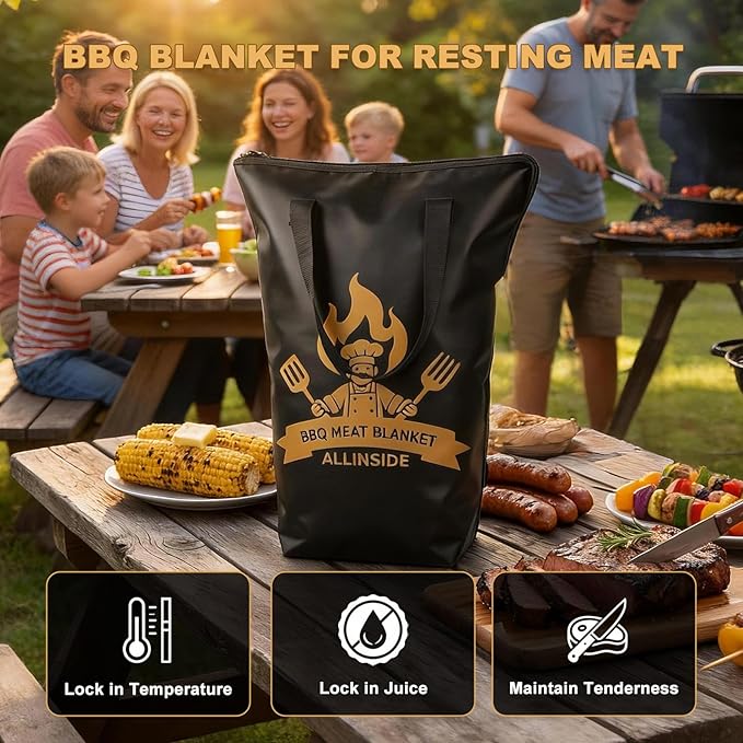 Allinside BBQ Blanket for Resting Meat - Extra Large Insulated Meat Resting Bag with Meat Shredder Claw, Grill Tongs, Butcher Paper, Greeting Card & Lanyard | Professional Grilling Kit for Smoker