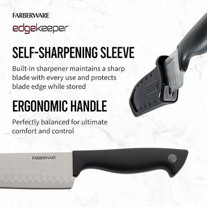 Farberware EdgeKeeper 5 Inch Santoku Knife with Self-Sharpening Blade Cover, High-Carbon Stainless Steel Blade with Oval Indentations, Ergonomic Handle