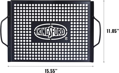 Kingsford Non-Stick Grill Topper Pan, Heavy Duty Carbon Steel BBQ Grilling Tray with Handles, Perforated Surface Helps Keep Small Foods from Falling Through Grates, 15.55 x 11.05 Inch