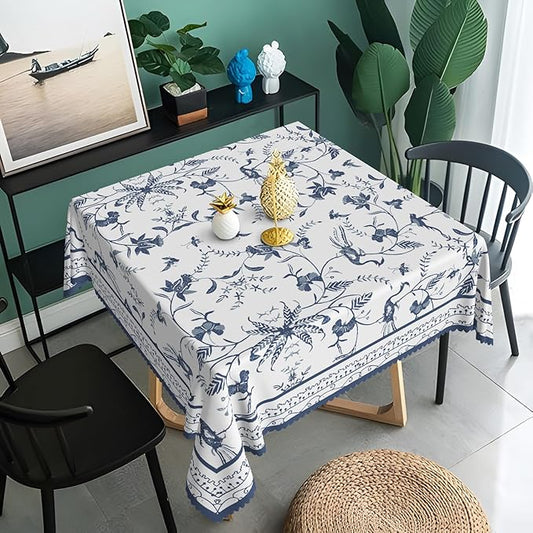 Blue Floral Square Tablecloth Blue and White French Country Square Tablecloths Rustic Flowers Stain Proof Table Cover for Farmhouse Decor Indoor Outdoor Table Picnic Dinner Decor 60x60 Inch