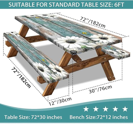 Daisy Flowers Picnic Table Cover with Bench Covers and Bag, Camping Essentials, Wooden Grain Waterproof Windproof, Fitted Tablecloth Cover with Elastic Edge, for Indoor & Outdoor, 3 PCS, 30x72 Inch