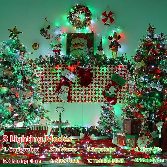 YEGUO 66ft 200 LED String Lights Outdoor Waterproof, 8 Modes Red White and Green Christmas Lights Plug in, Green Wire Twinkle Tree Lights Indoor with Timer Memory