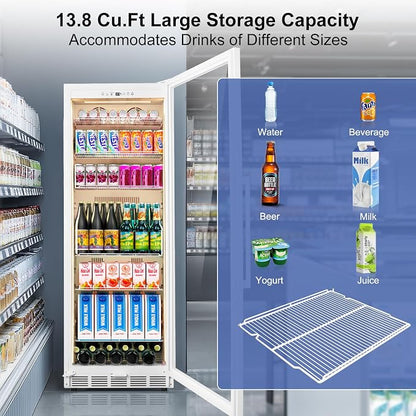 FoMup Commercial Display Refrigerator with Reversible Glass Door, Upright Beverage Cooler Merchandiser, Drink Fridge with Door Lock for Restaurant Supermarket Convenience Store, 13.8 Cu.Ft