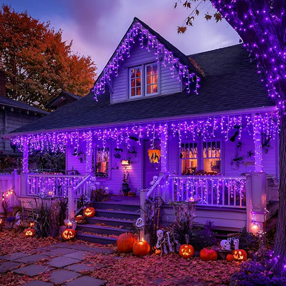 JMEXSUSS 38.8 FT 400 LED Purple Halloween Icicle Lights Outdoor | Waterproof, 8 Modes, Purple Halloween Lights with 80 Drops Plug in for House Christmas Party Decorations