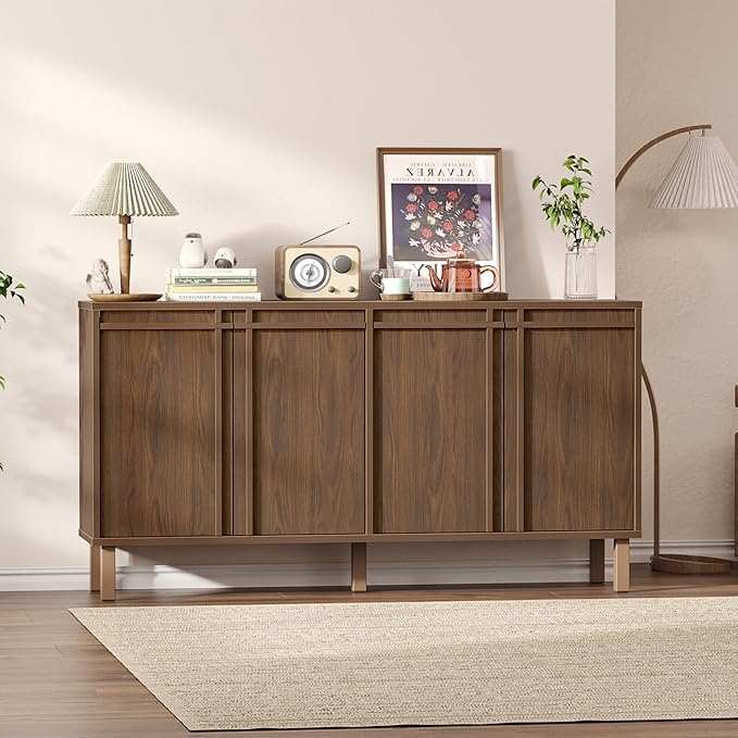 58 inch Sideboard Buffet Cabinet, Modern Credenza with 4 Doors & Adjustable Shelf, Large Coffee Bar Storage for Kitchen, Entryway