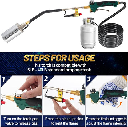 GasBRUH Propane Torch Burner Weed Torch,360,000 BTU Heavy Duty Blow Torch with Turbo Trigger and 10 FT Hose,propane weed burner torch with Igniter,Flame throwe for Weed,Garden,Wood,Charcoal,Ice Snow