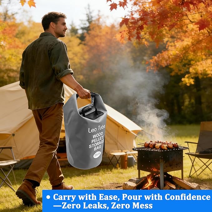 Heavy-Duty Wood Pellet Storage Bag, 20LB Waterproof Smoker Bag - 500D PVC Outdoor Storage Container with Buckle Seal, Label Pocket & Handles for BBQ, Grill, Pellet Smoker (Grey)
