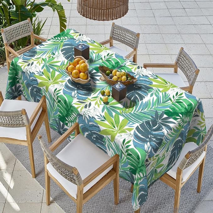 Outdoor Rectangle Tablecloth, 60×84 Inch Water Repellent Picnic Table Cover with Umbrella Hole Zipper for Patio Family Meal, Islamorada Blue Green