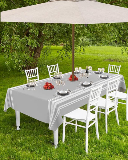 QueenKer Outdoor Tablecloth with Umbrella Hole, Farmhouse Gray White Stripe Rectangle Tables Waterproof Tabletop Collection for Patio, Garden, Picnic, Camping, Dining 54 x 80 inch