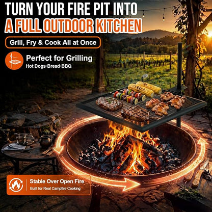 24" x 24" Fire Pit Campfire Grill Grate Campfire Grill Portable Open Fire Cooking Heavy-duty Foldable Camping Cooking Barbecue Rack Easy Setup & Adjustable Height for Outdoor BBQ